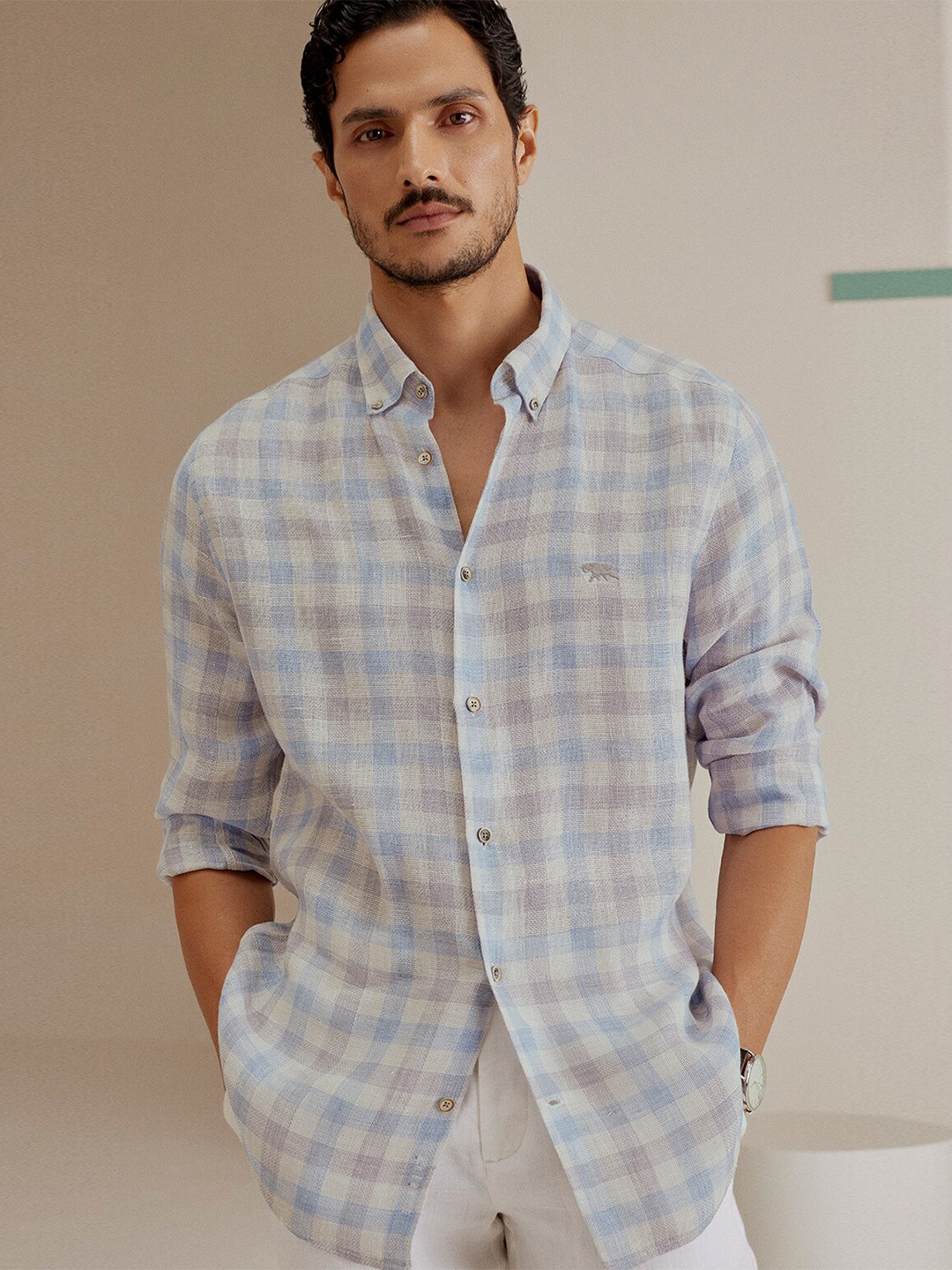 

Andamen Premium Men Gingham Checks Opaque Linen Shirt, Blue