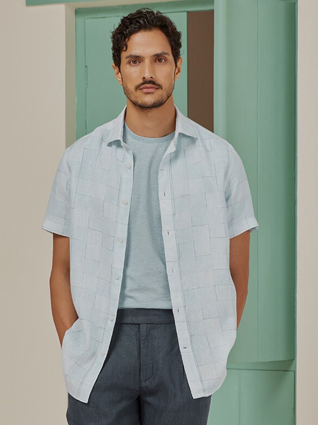 

Andamen Premium Men Slim Fit Windowpane Checks Opaque Linen Shirt, Blue