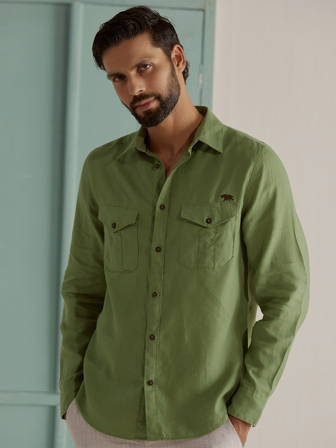 

Andamen Premium Opaque Chest Pocket Casual Shirt, Olive