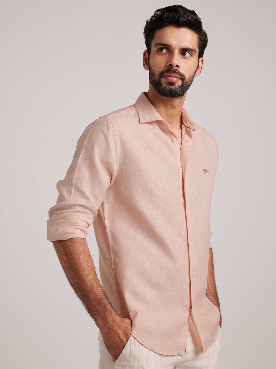 

Andamen Premium Men Linen Cutaway Collar Slim Fit Shirt, Pink