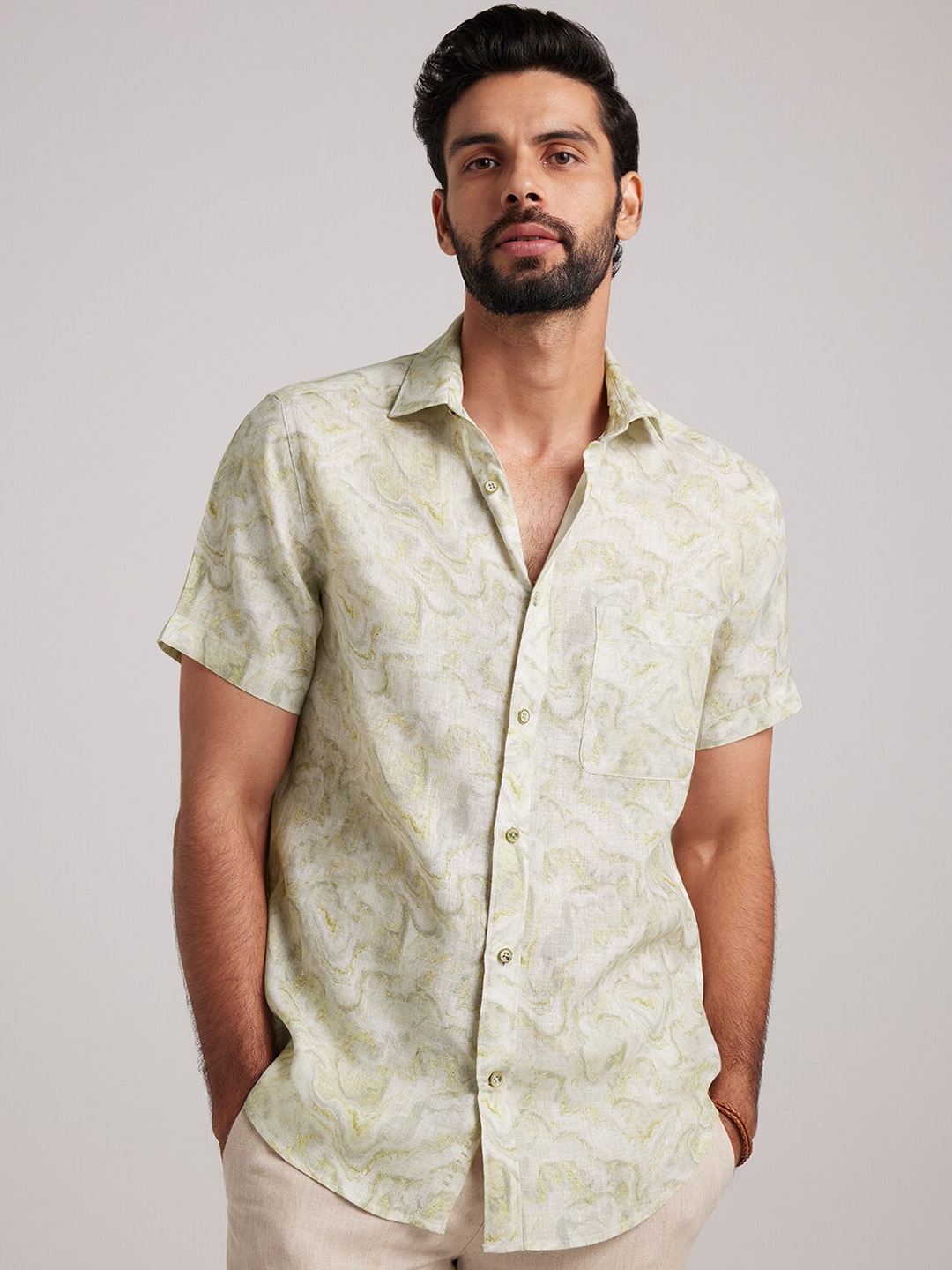 

Andamen Premium Men Abstract Print Opaque Linen Shirt, Khaki