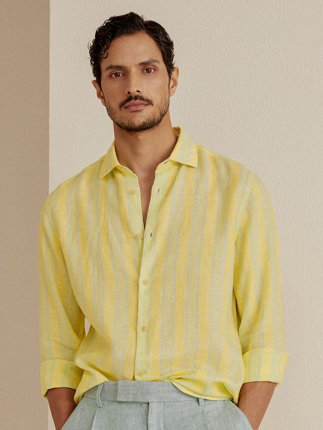 

Andamen Premium Men Linen Vertical Stripes Opaque Cutaway Collar Shirt, Yellow