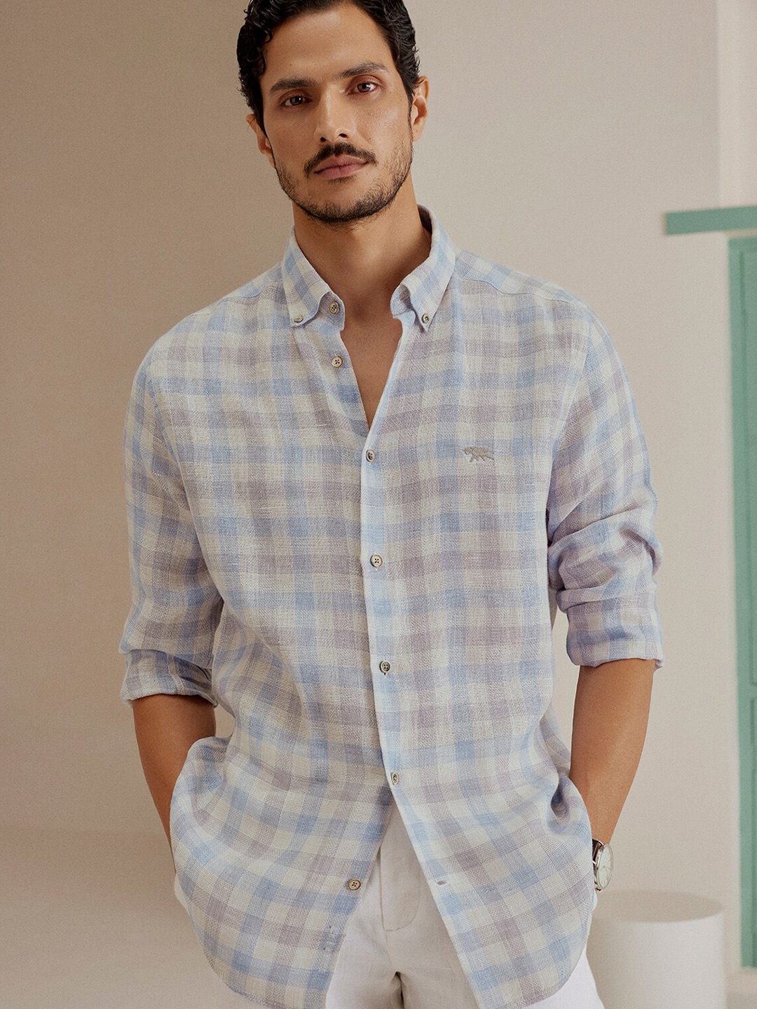 

Andamen Premium Men Slim Fit Gingham Checks Opaque Linen Shirt, Blue