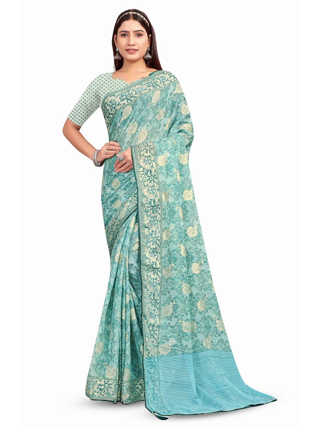 

RANGRASIYA Floral Beads and Stones Poly Chiffon Bhagalpuri Saree, Blue