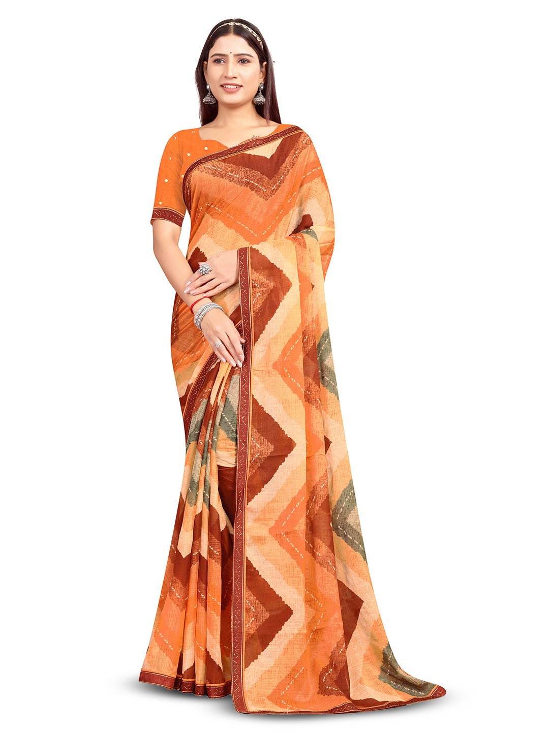 

RANGRASIYA Geometric Printed Beads And Stones Embellished Bhagalpuri Saree, Brown