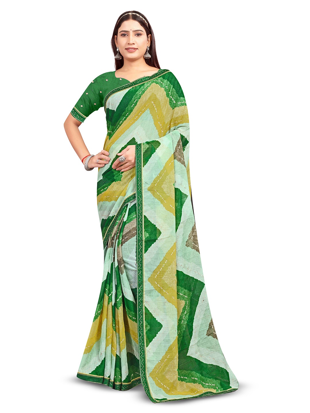 

RANGRASIYA Geometric Printed Beads and Stones Saree, Green
