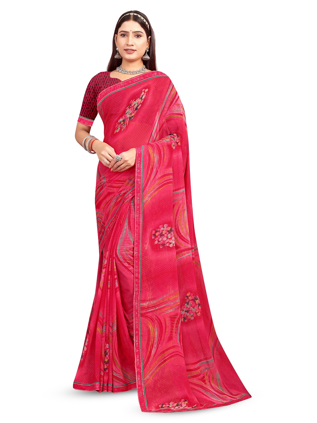 

RANGRASIYA Floral Printed Beads and Stones Embellished Bhagalpuri Saree, Pink