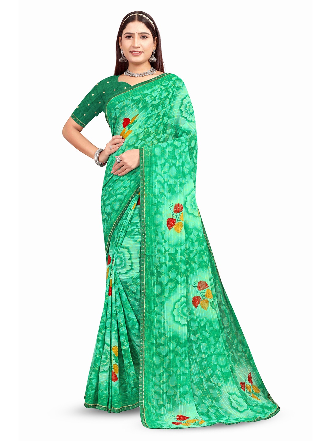 

RANGRASIYA Floral Beads and Stones Poly Chiffon Bhagalpuri Saree, Green