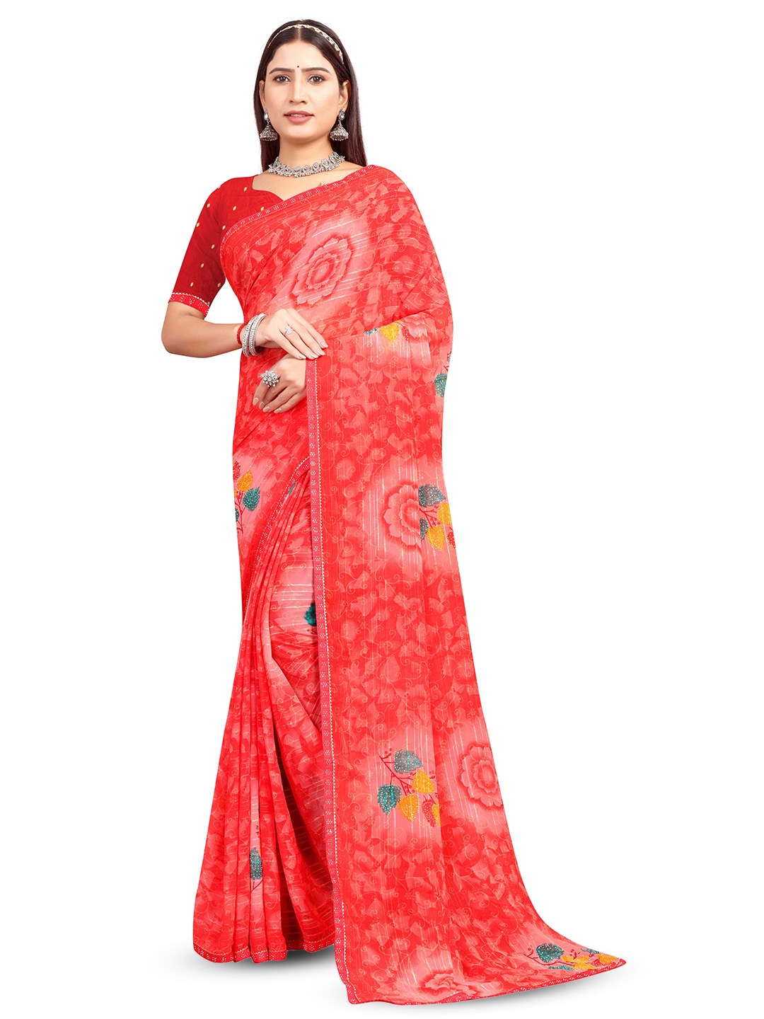 

RANGRASIYA Floral Beads and Stones Poly Chiffon Bhagalpuri Saree, Red