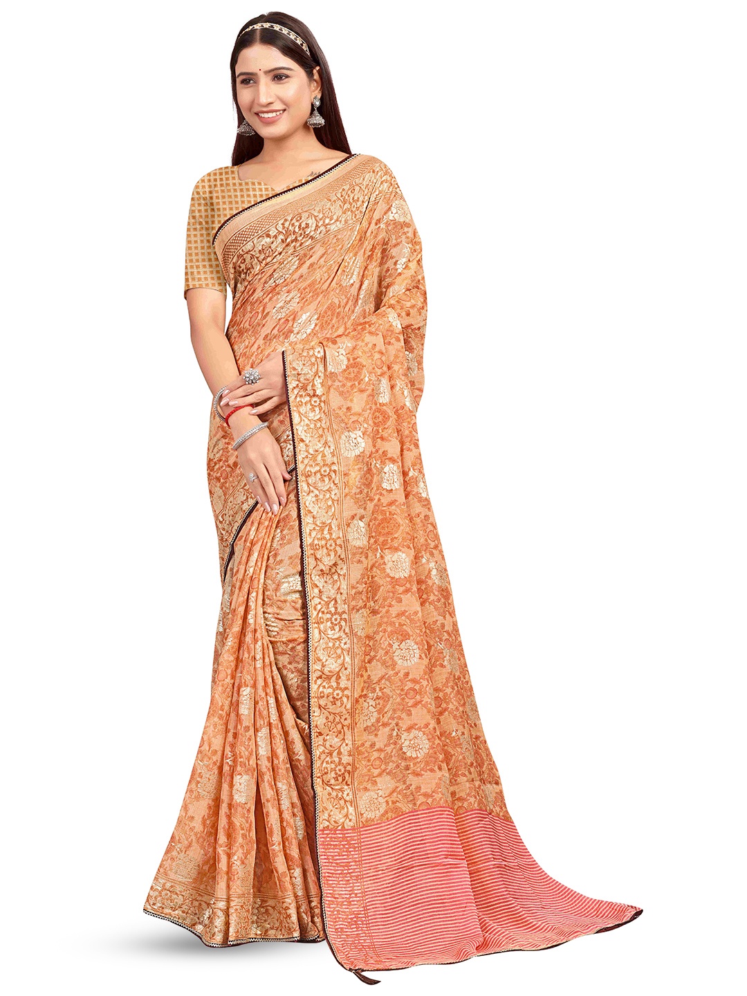 

RANGRASIYA Floral Printed Beads and Stones Bhagalpuri Saree, Orange