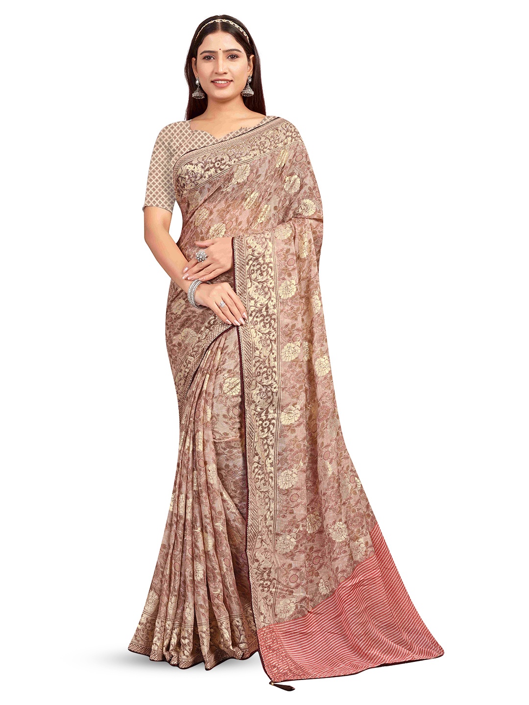 

RANGRASIYA Floral Beads And Stones Embellished Bhagalpuri Saree, Peach