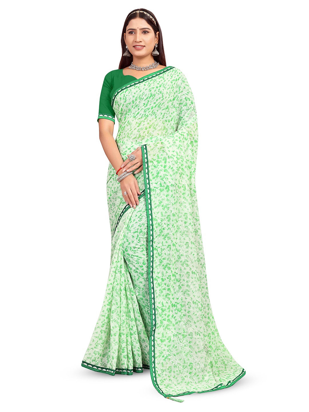 

RANGRASIYA Floral Beads and Stones Poly Chiffon Bhagalpuri Saree, Green