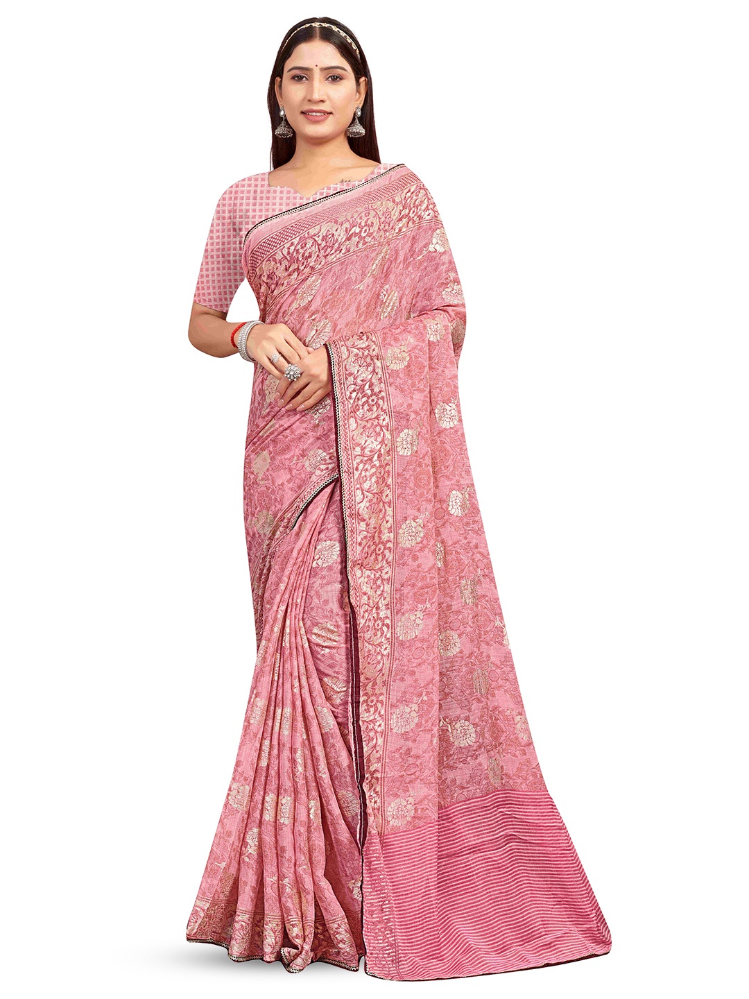 

RANGRASIYA Floral Beads and Stones Bhagalpuri Saree, Pink