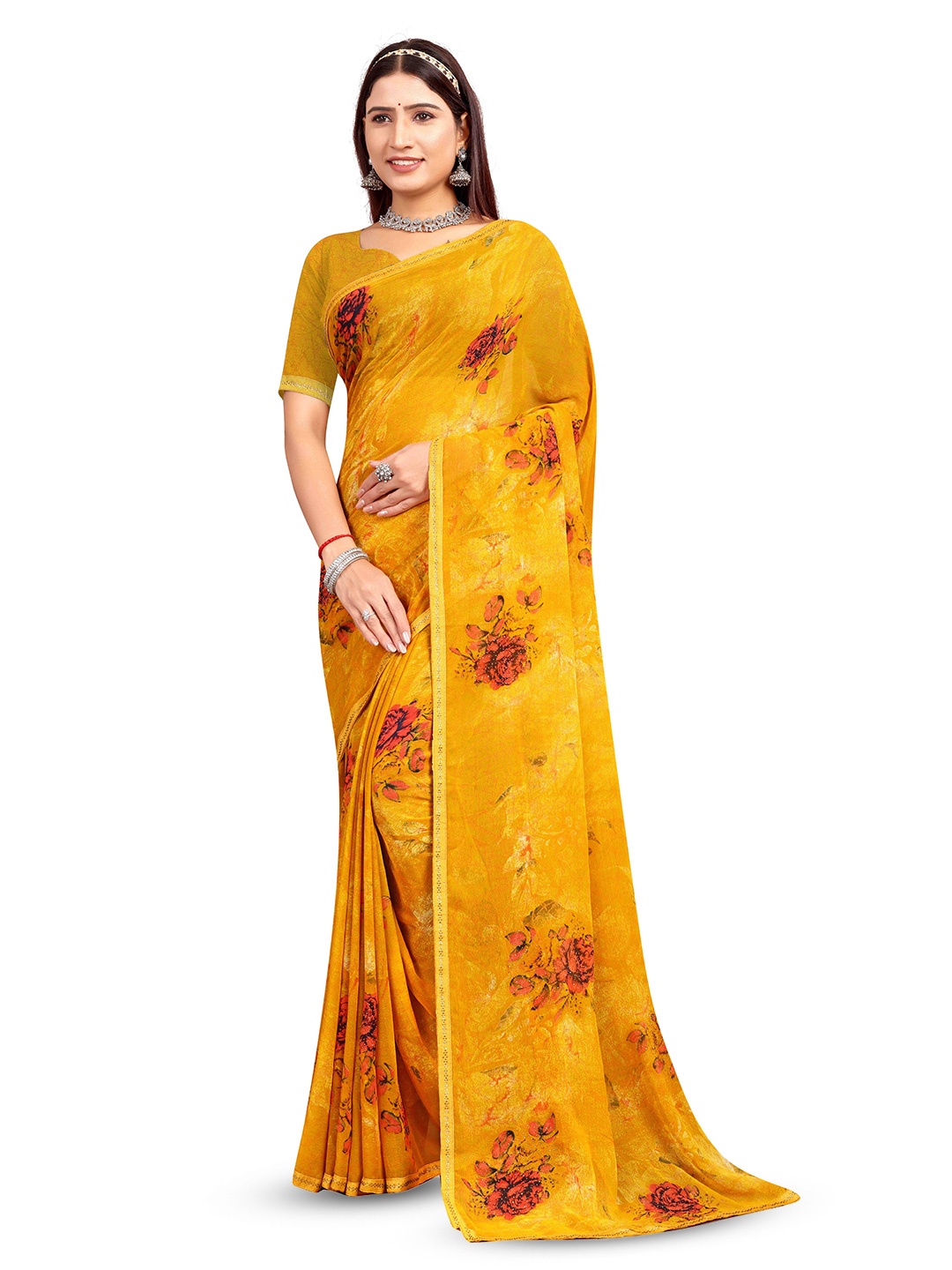 

RANGRASIYA Floral Printed Beads and Stones Bhagalpuri Saree, Yellow