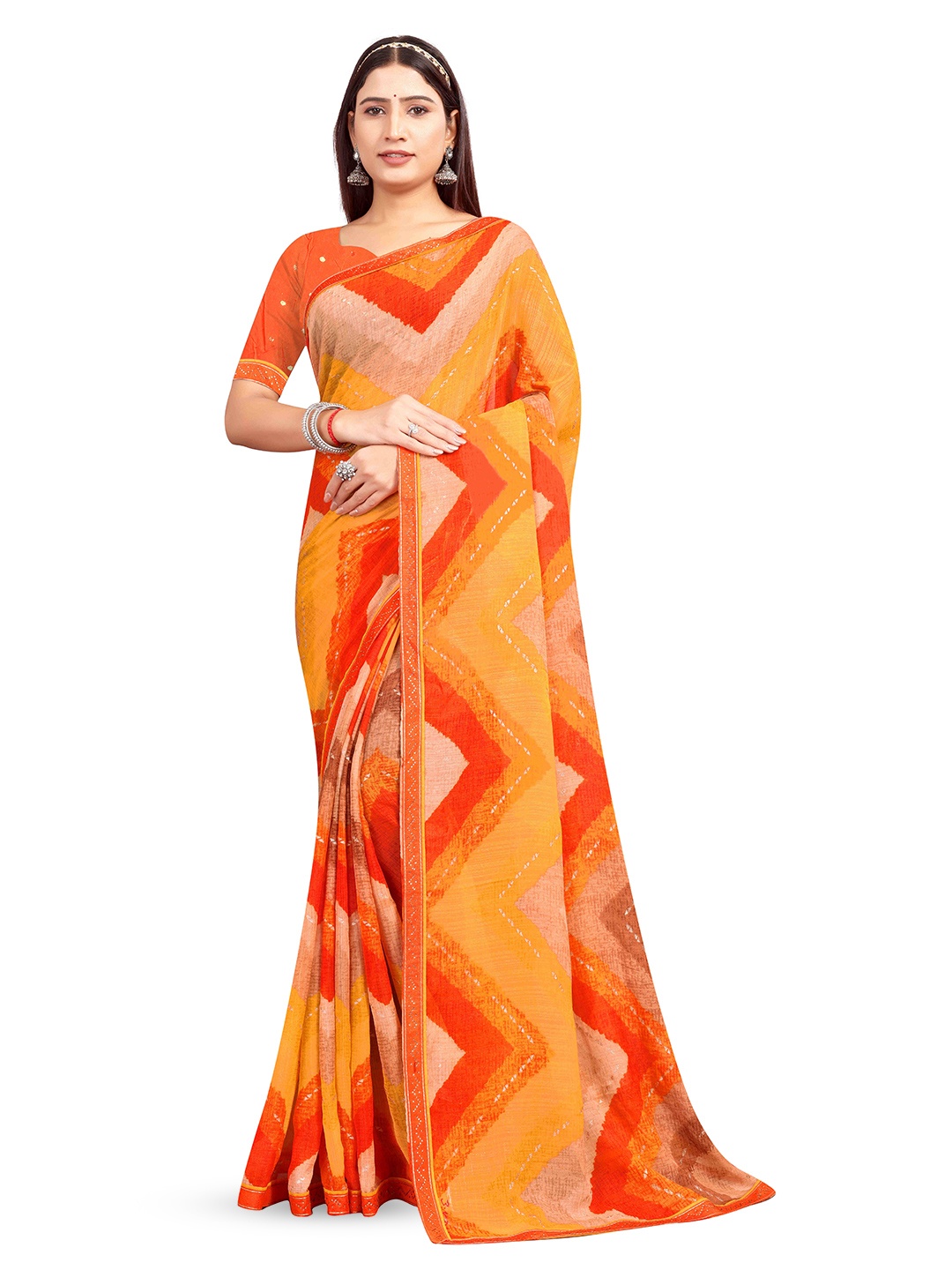 

RANGRASIYA Geometric Printed Beads and Stones Bhagalpuri Saree, Orange