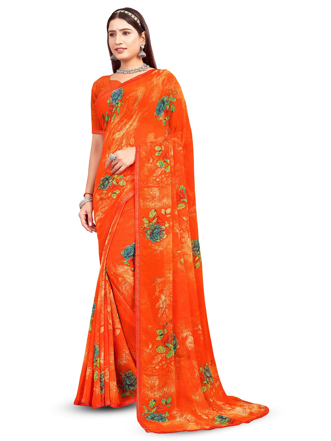 

RANGRASIYA Floral Printed Beads And Stones Embellished Bhagalpuri Saree, Orange