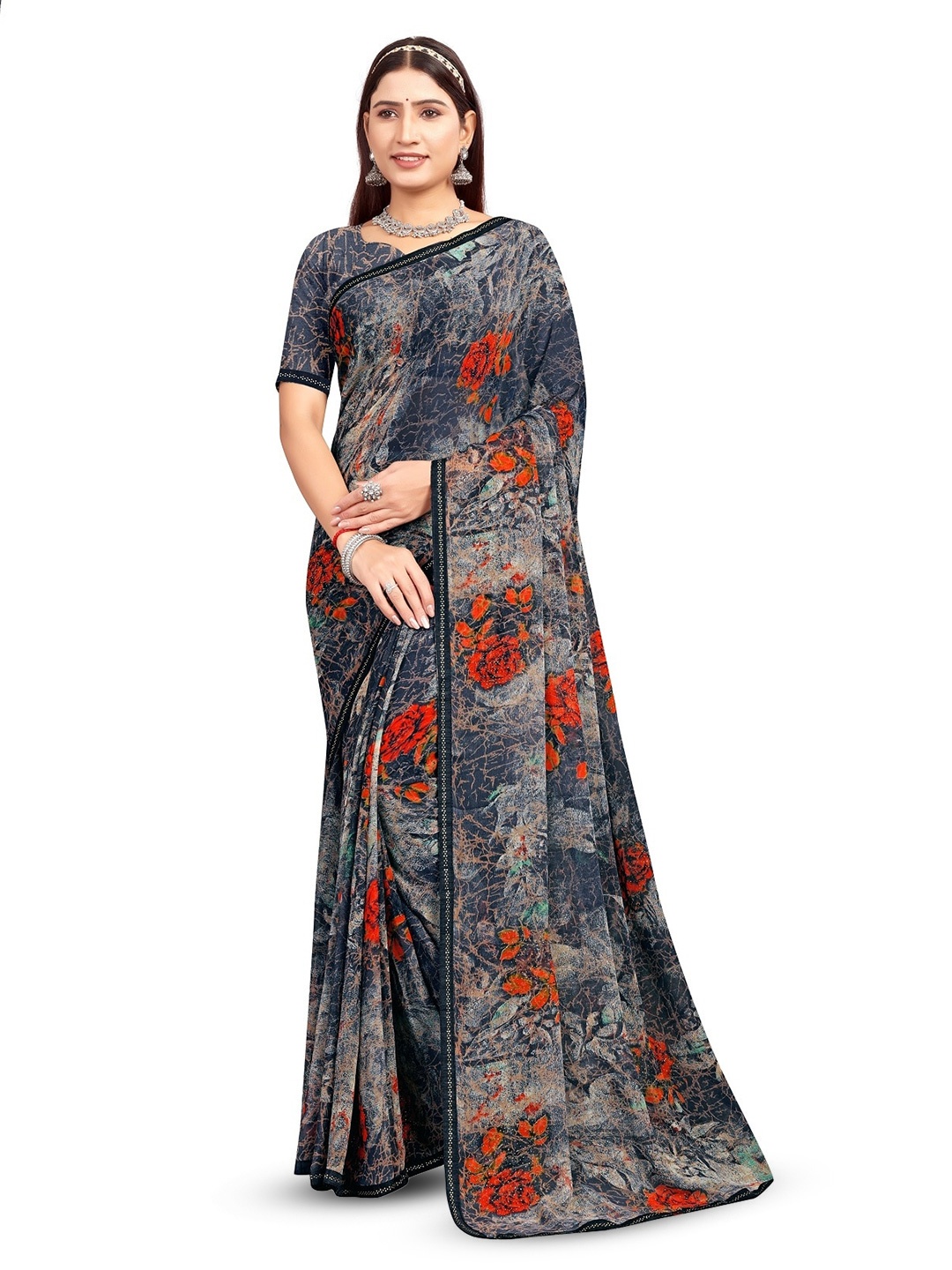 

RANGRASIYA Floral Printed Beads and Stones Bhagalpuri Saree, Grey