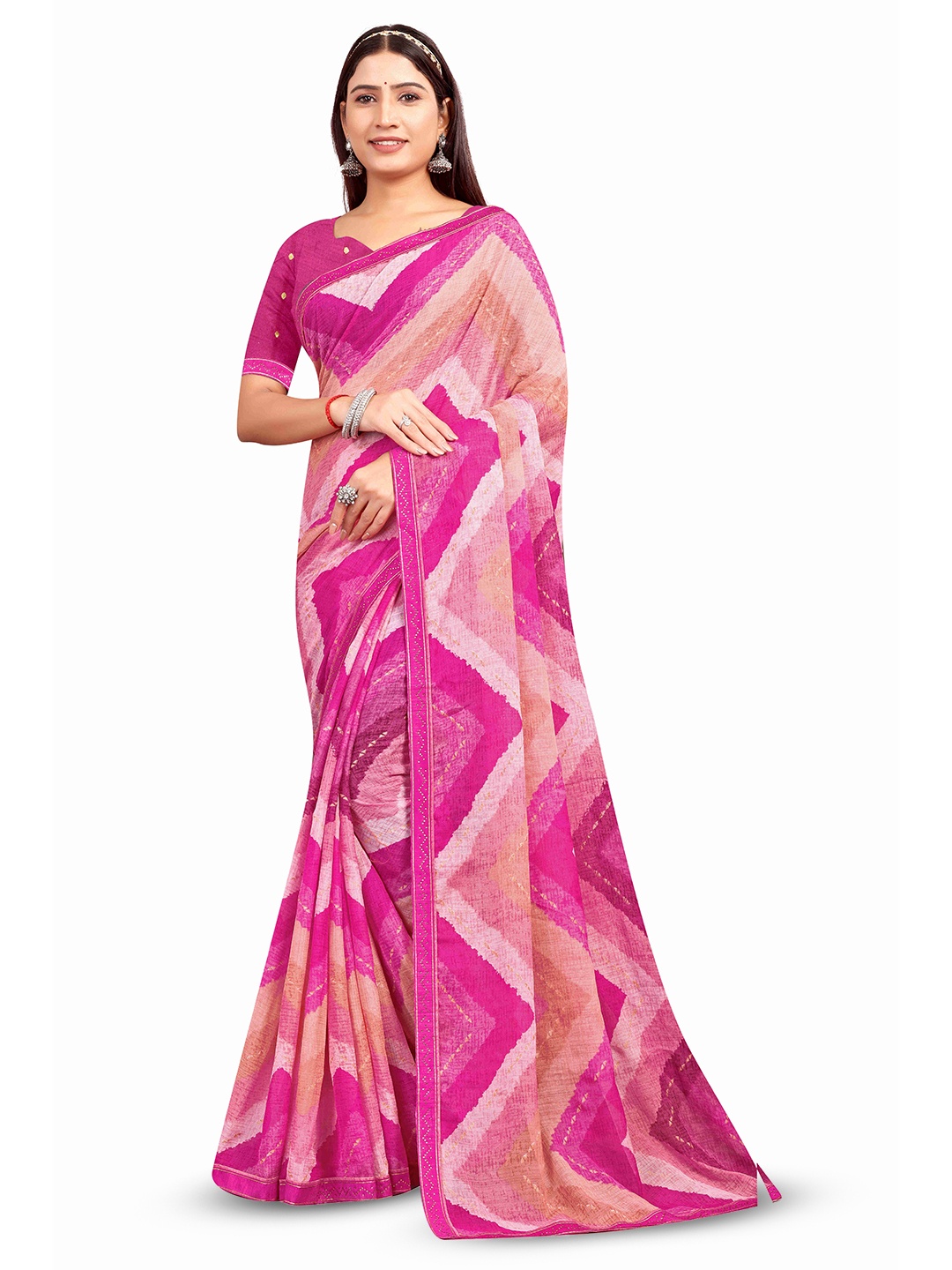 

RANGRASIYA Geometric Printed Beads And Stones Embellished Bhagalpuri Saree, Pink