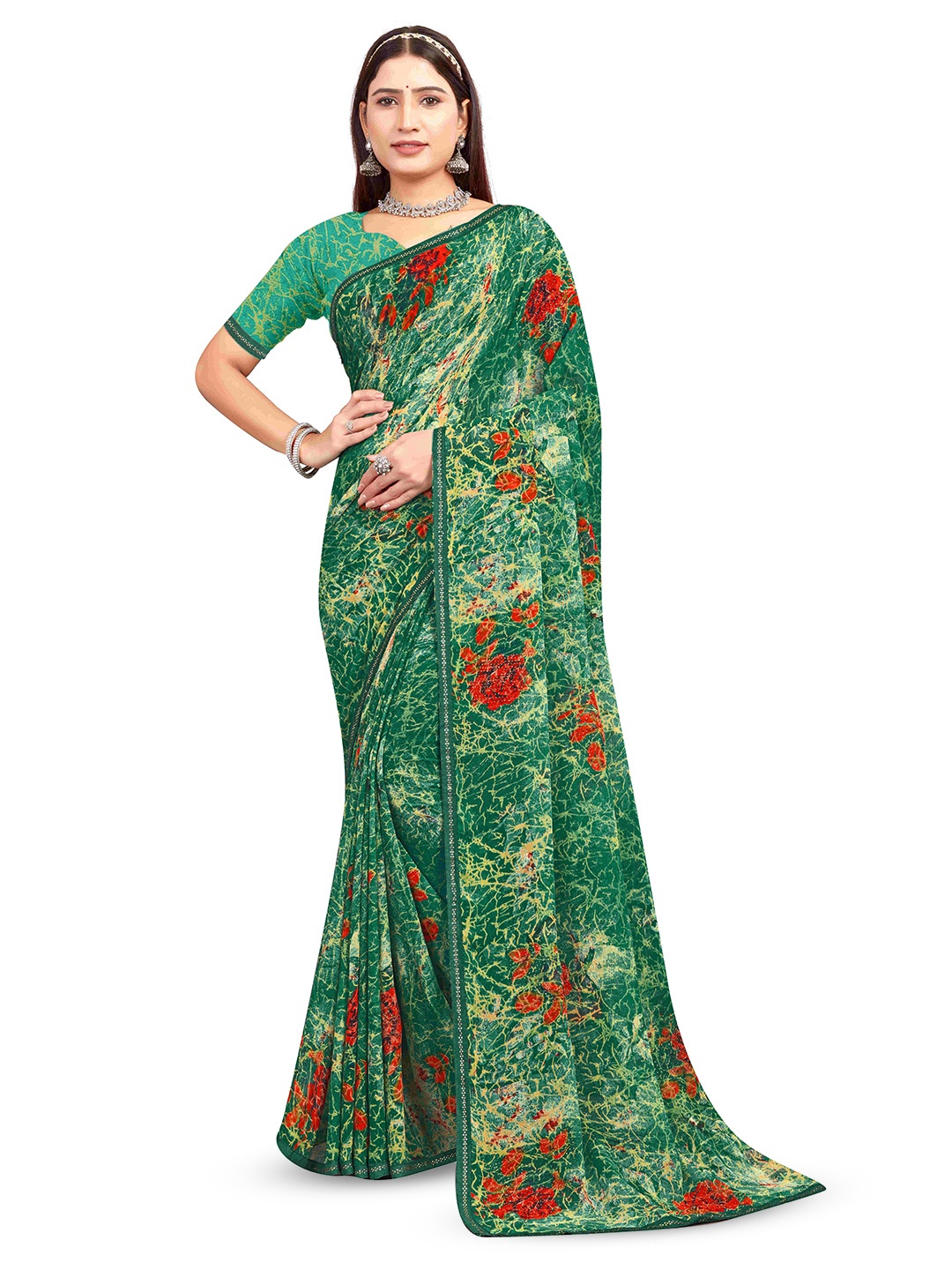 

RANGRASIYA Floral Printed Beads And Stones Embellished Bhagalpuri Saree, Green