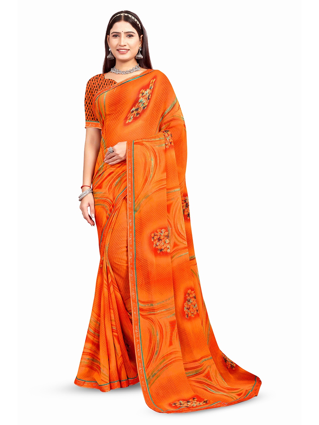 

RANGRASIYA Floral Printed Beads and Stones Embellished Bhagalpuri Saree, Orange