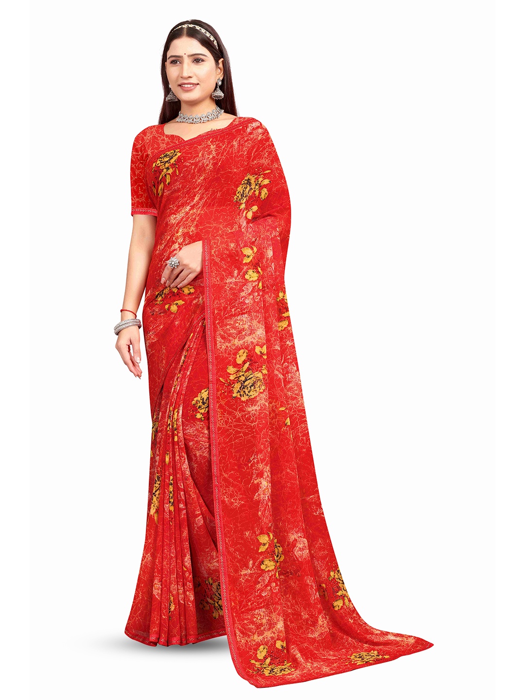 

RANGRASIYA Floral Printed Beads and Stones Bhagalpuri Saree, Red