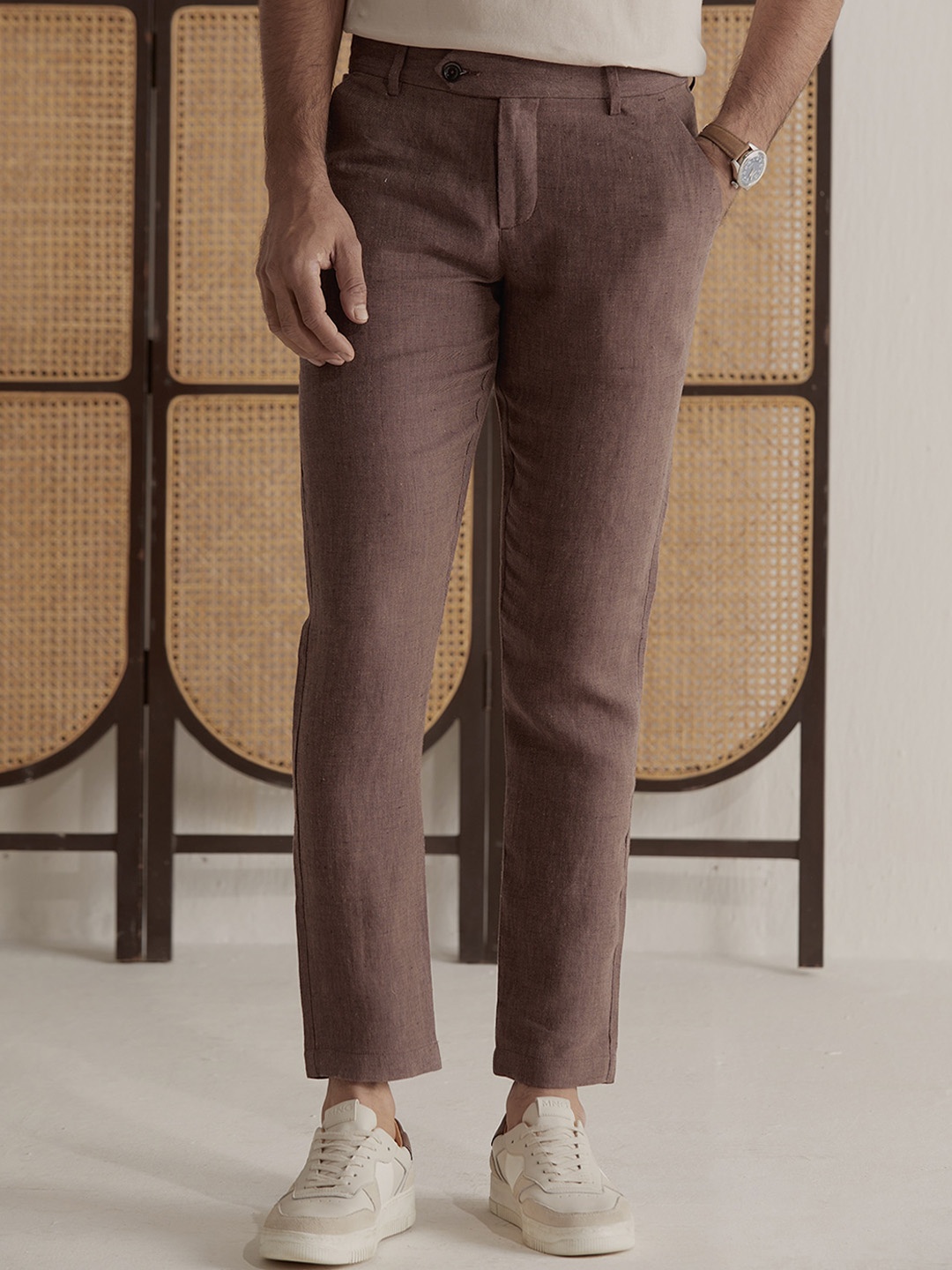 

Andamen Men Mid-Rise Linen Ultra Easy Wash Trousers, Brown
