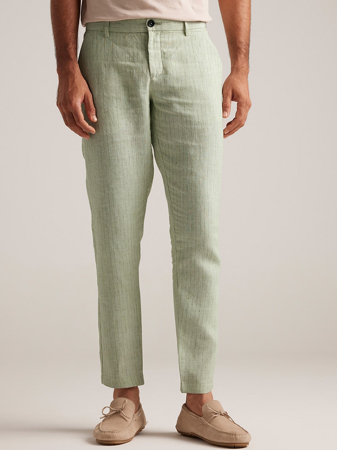 

Andamen Premium Men Striped Regular Fit Mid-Rise Flat-Front Linen Chinos, Green