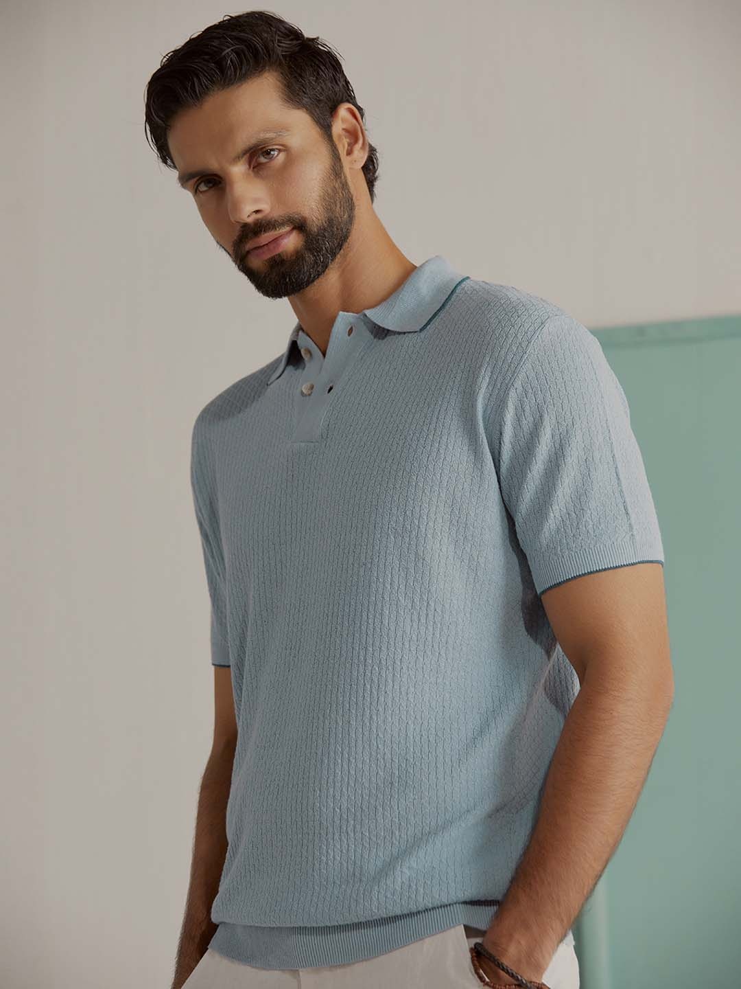 

Andamen Self Design Polo Collar T-shirt, Blue