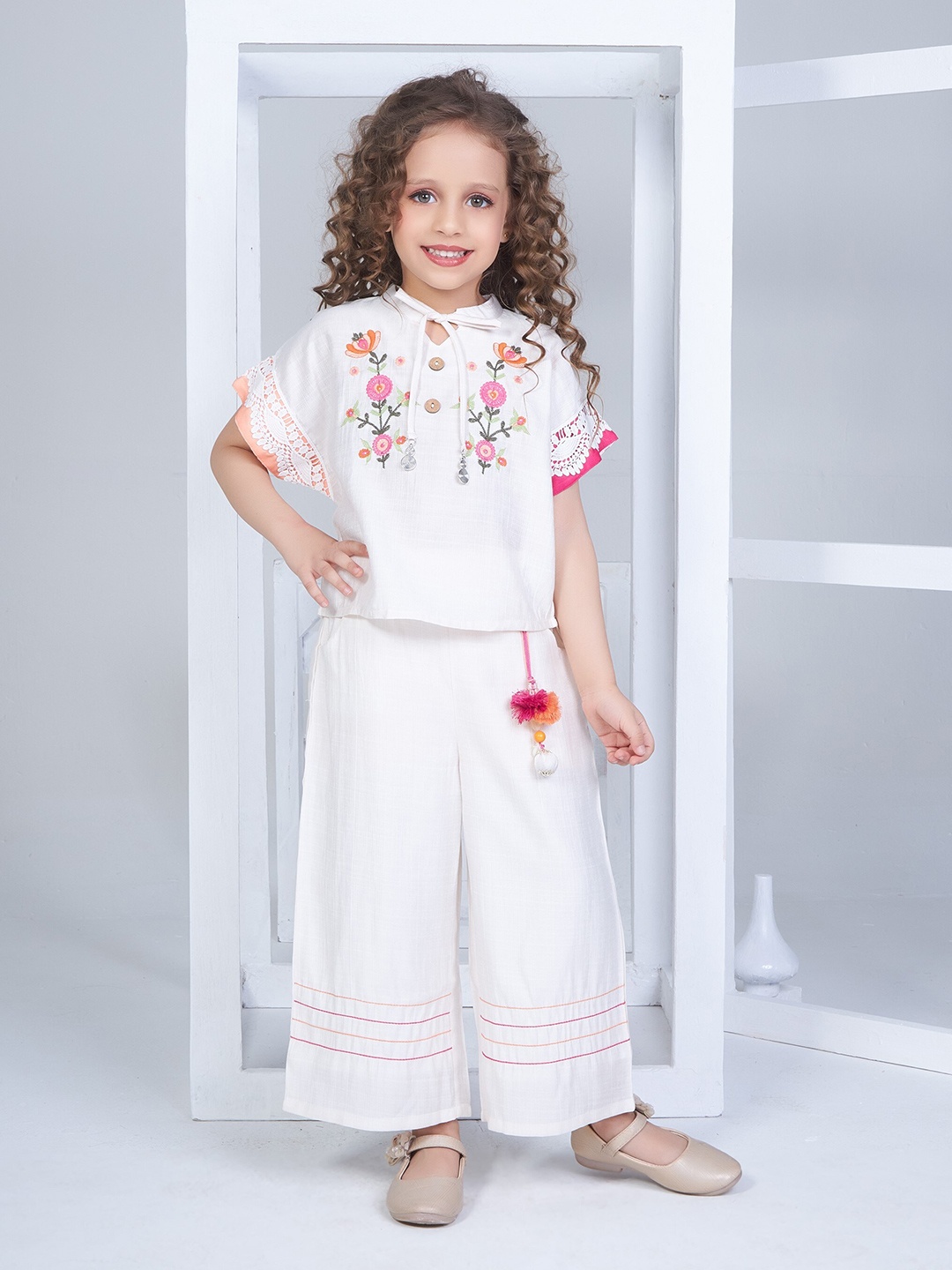 

Peppermint Girls Floral Embroidered Tie-Up Neck Top with Palazzos, Beige