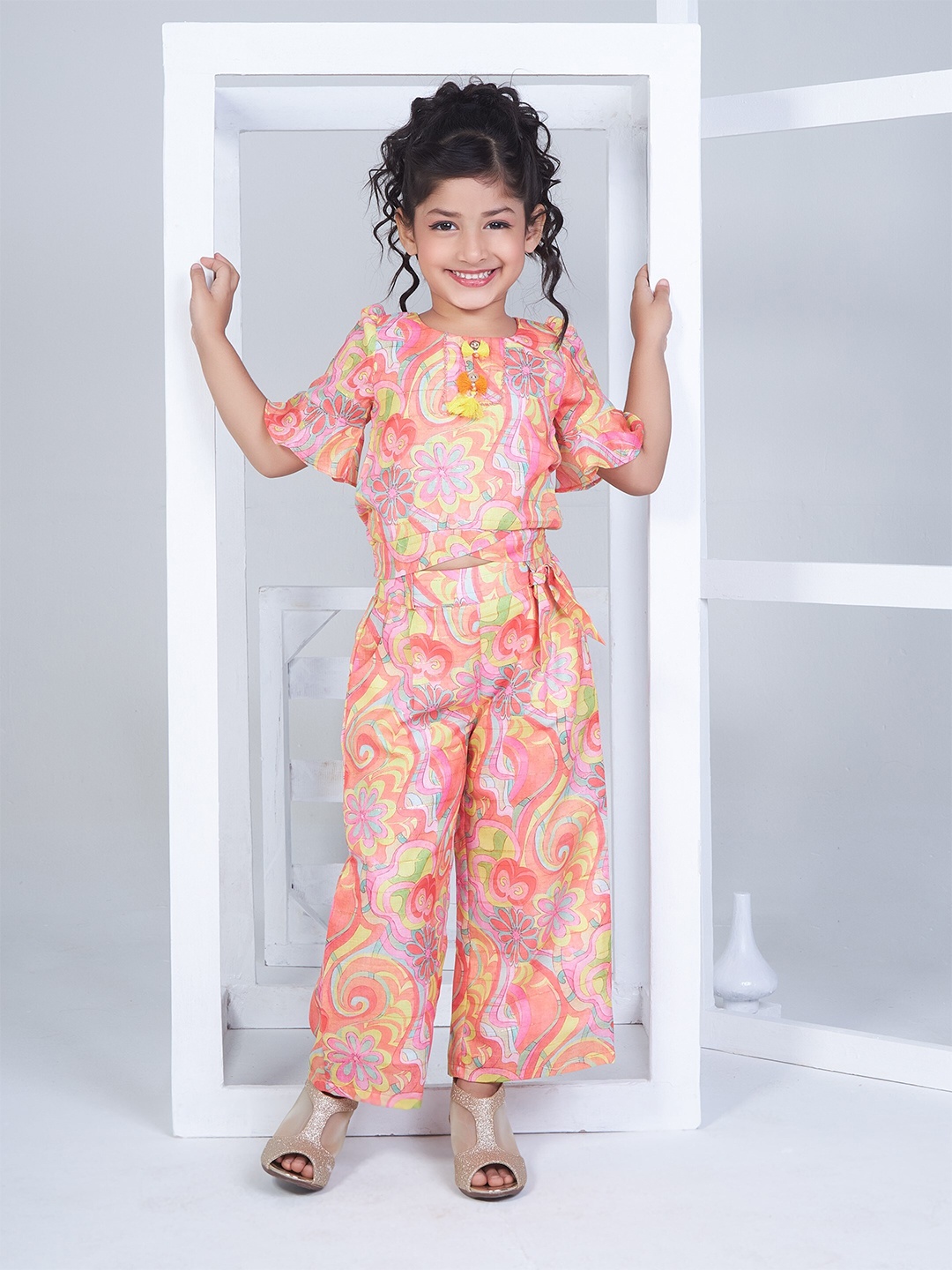 

Peppermint Girls Floral Printed Round Neck Short Sleeves Top with Palazzos, Peach