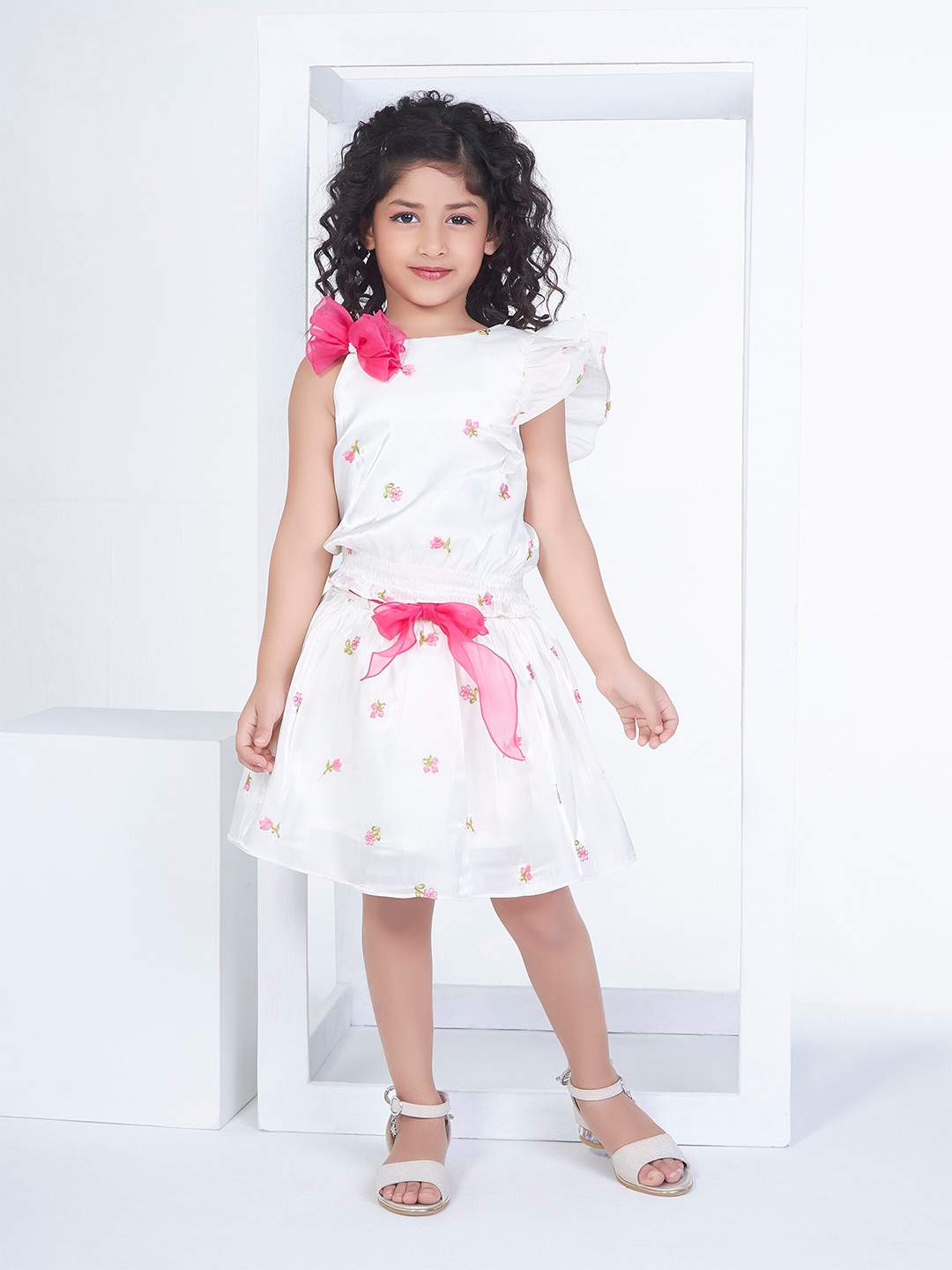 

Peppermint Girls Embroidered One Shoulder Top with Skirt, Cream