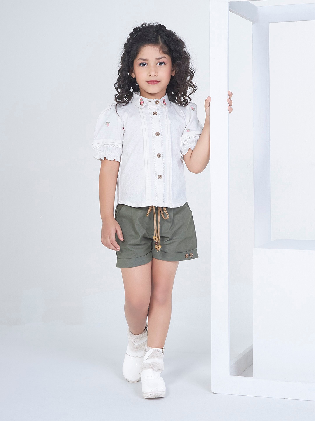 

Peppermint Girls Self Design Shirt Collar Top with Shorts, Olive