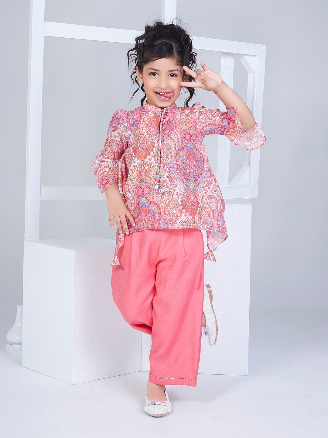 

Peppermint Girls Ethic Motif Printed Mandarin Collar Top with Palazzos, Peach