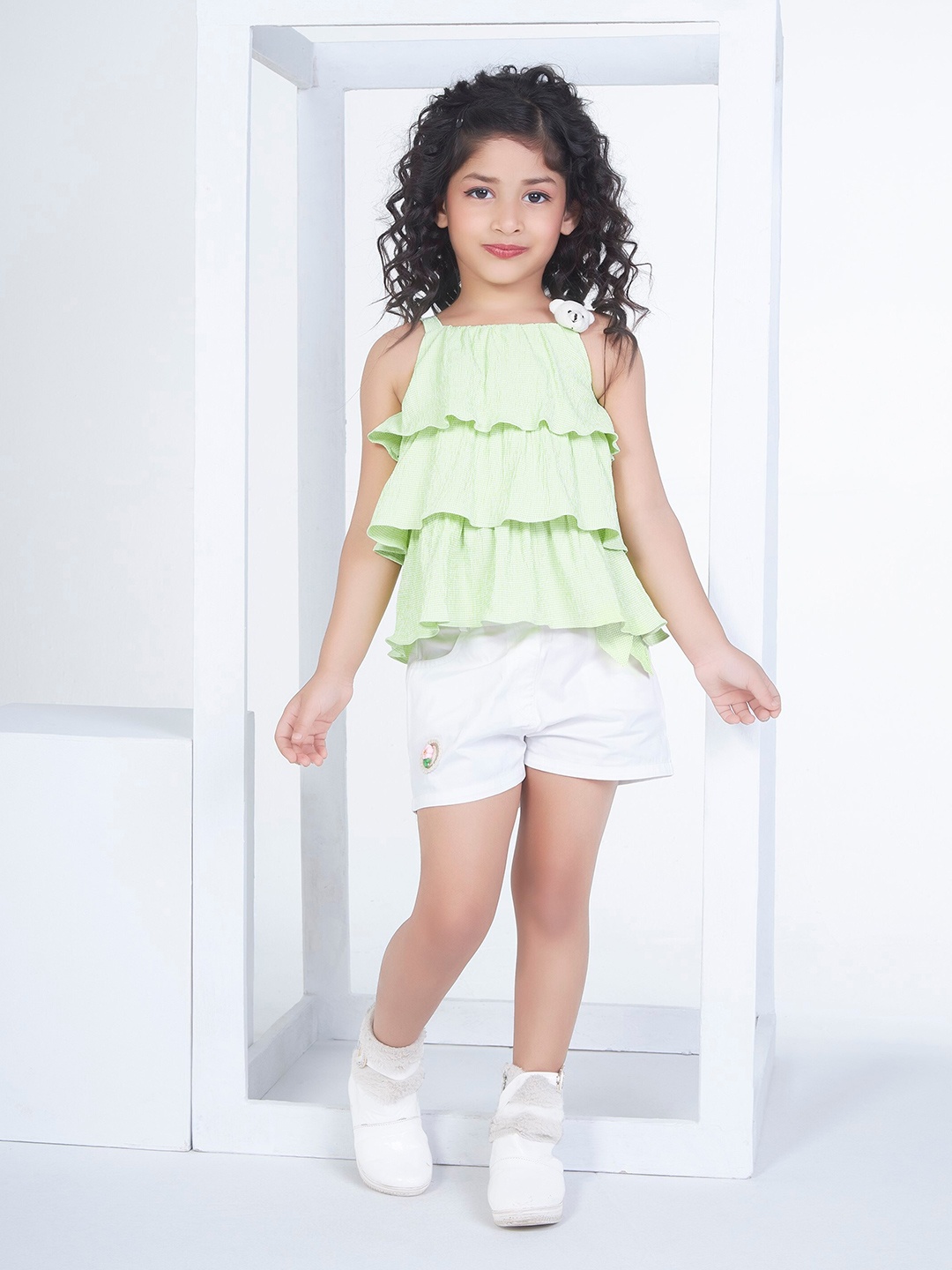 

Peppermint Girls Checked Shoulder Strap Top with Shorts, Green