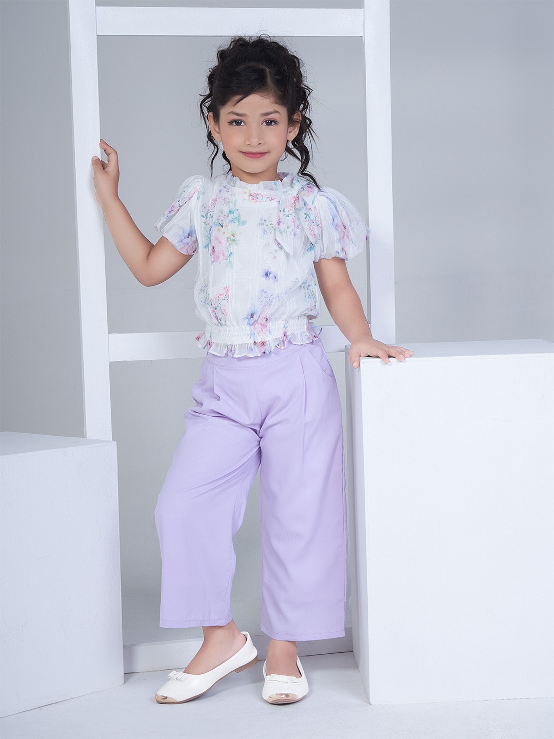 

Peppermint Girls Printed Puff Sleeves Top with Palazzos, Purple