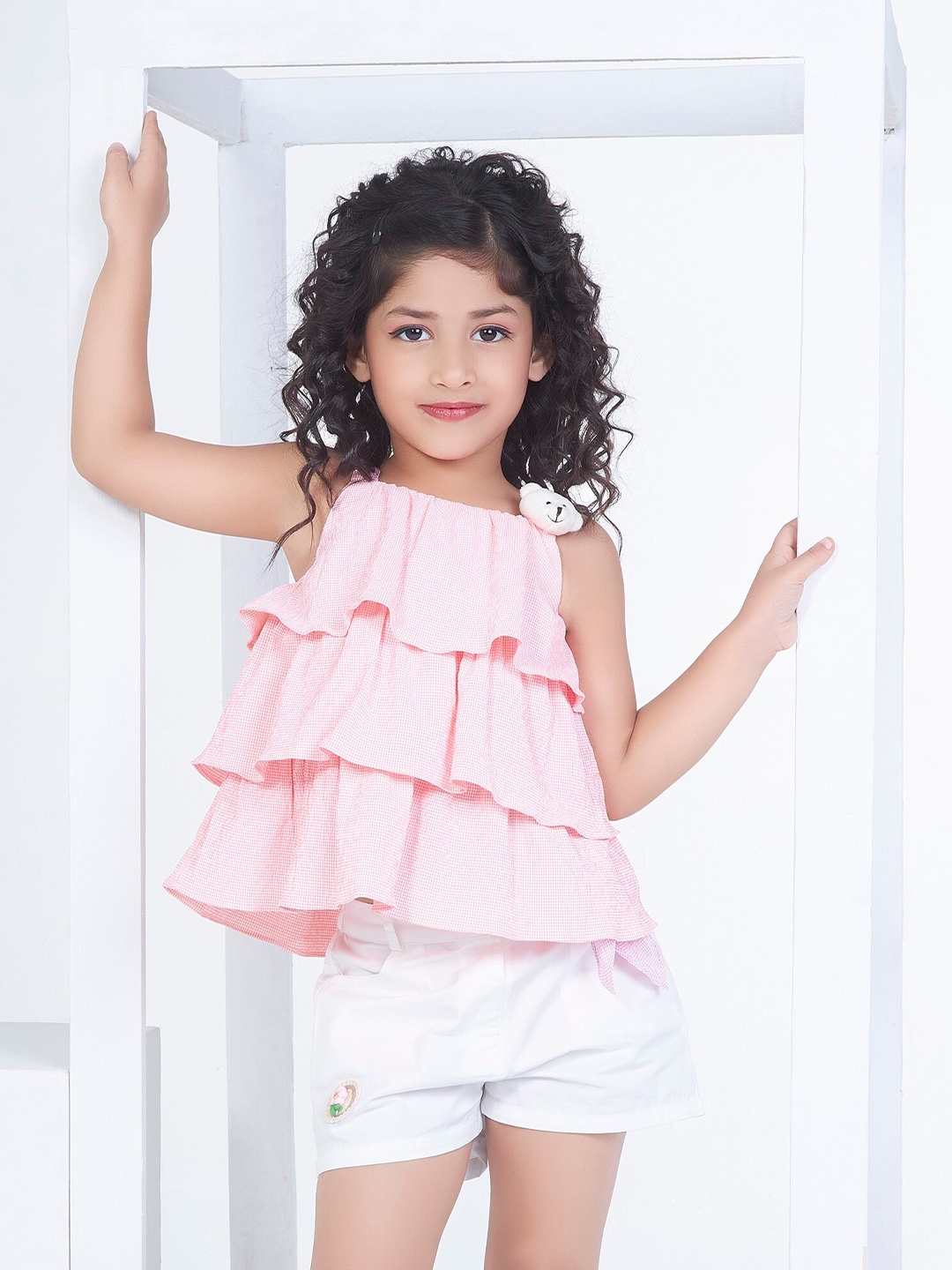 

Peppermint Girls Checked Shoulder Strap Top with Shorts, Peach