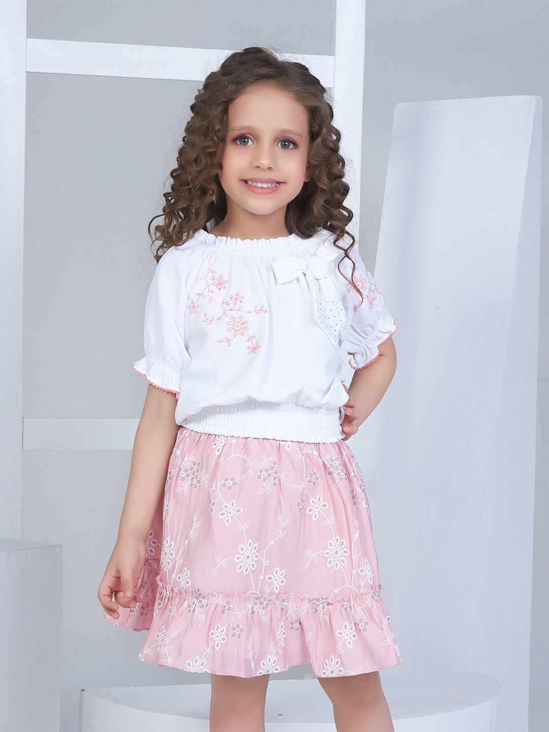 

Peppermint Floral Embroidered Puff Sleeves Girls Top with Skirt, Peach