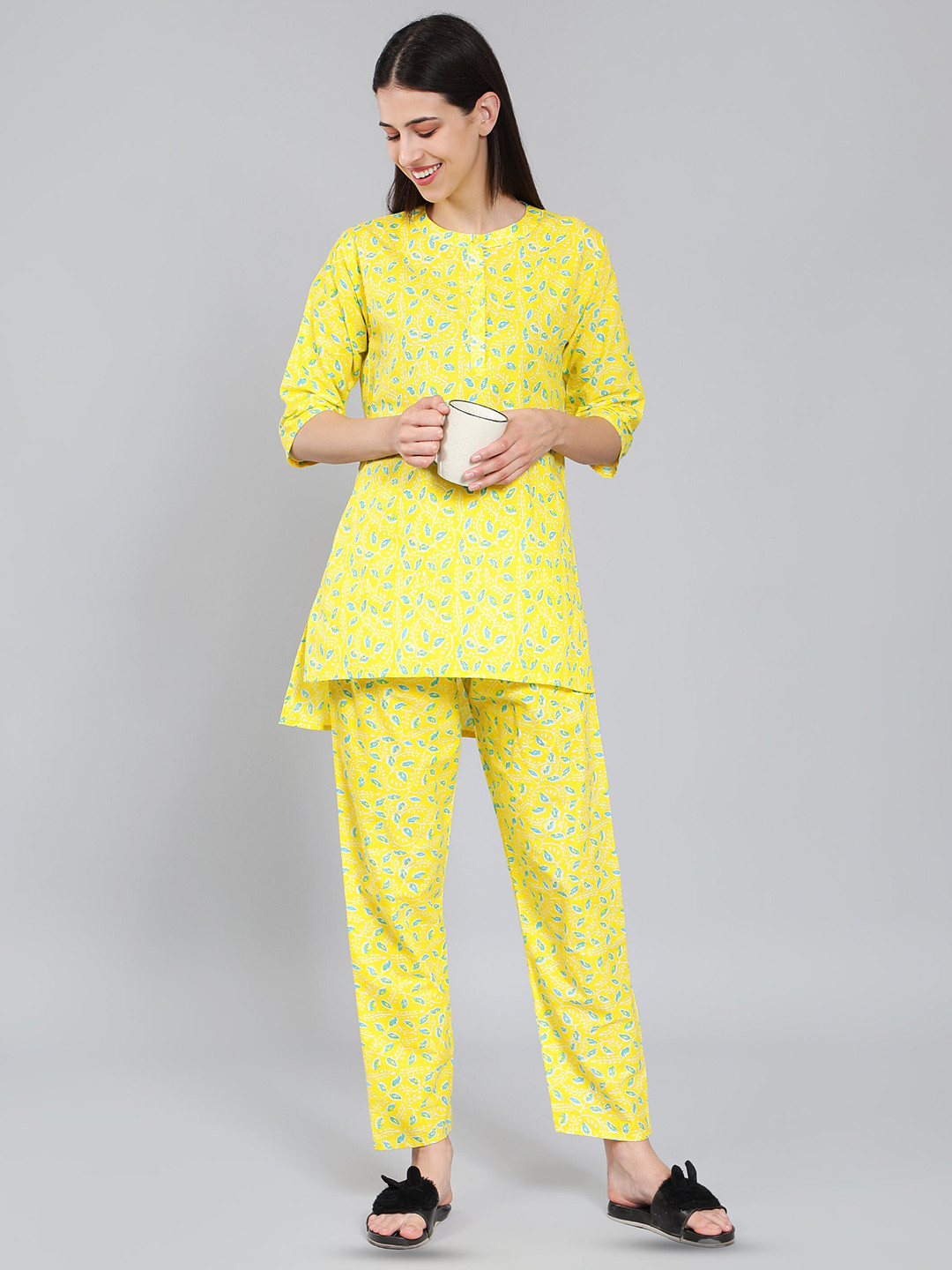 

HotGown Floral Printed Pure Cotton Night Suit, Yellow