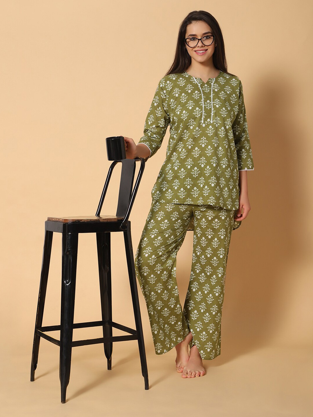

HotGown Floral Printed Pure Cotton Top With Pyjama, Olive
