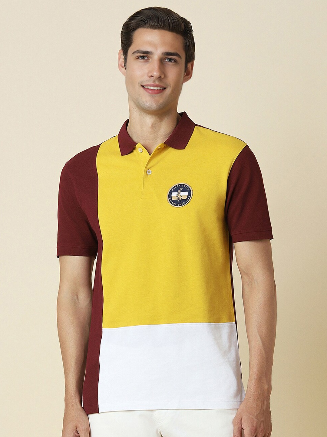 

Allen Solly Colourblocked Cotton Polo Collar Short Sleeves Applique Casual T-shirt, Yellow