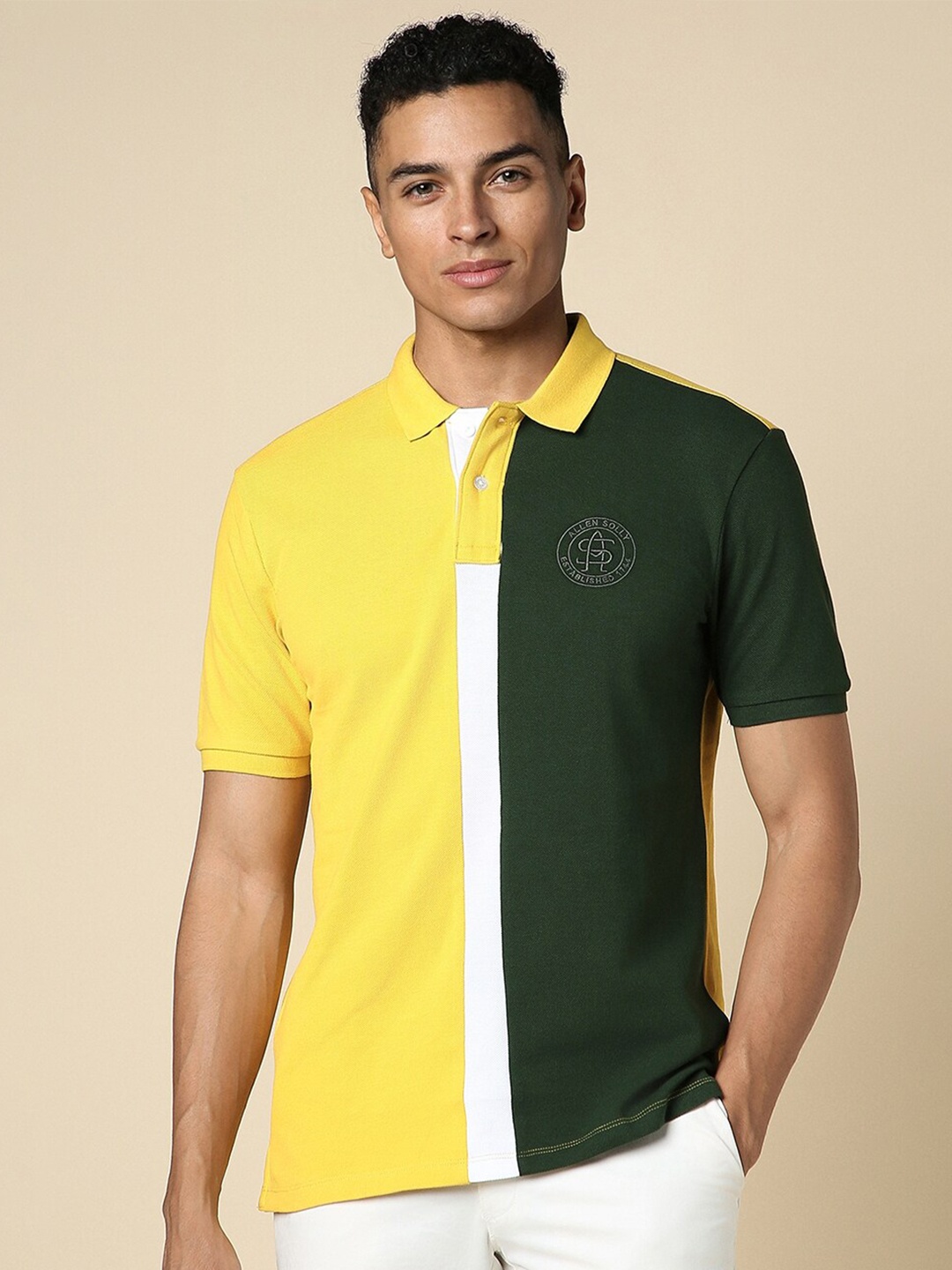 

Allen Solly Colourblocked Cotton Polo Collar Short Sleeves Applique Casual T-shirt, Yellow