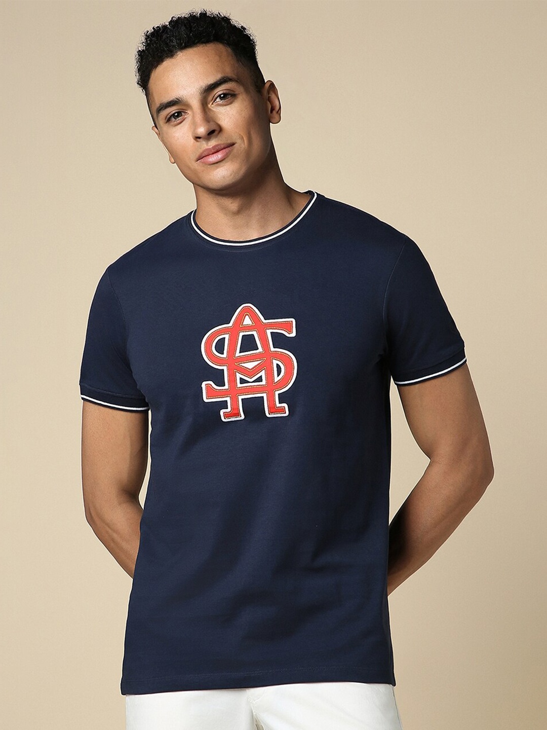 

Allen Solly Typography Printed Cotton Round Neck Short Sleeves Applique Casual T-shirt, Navy blue
