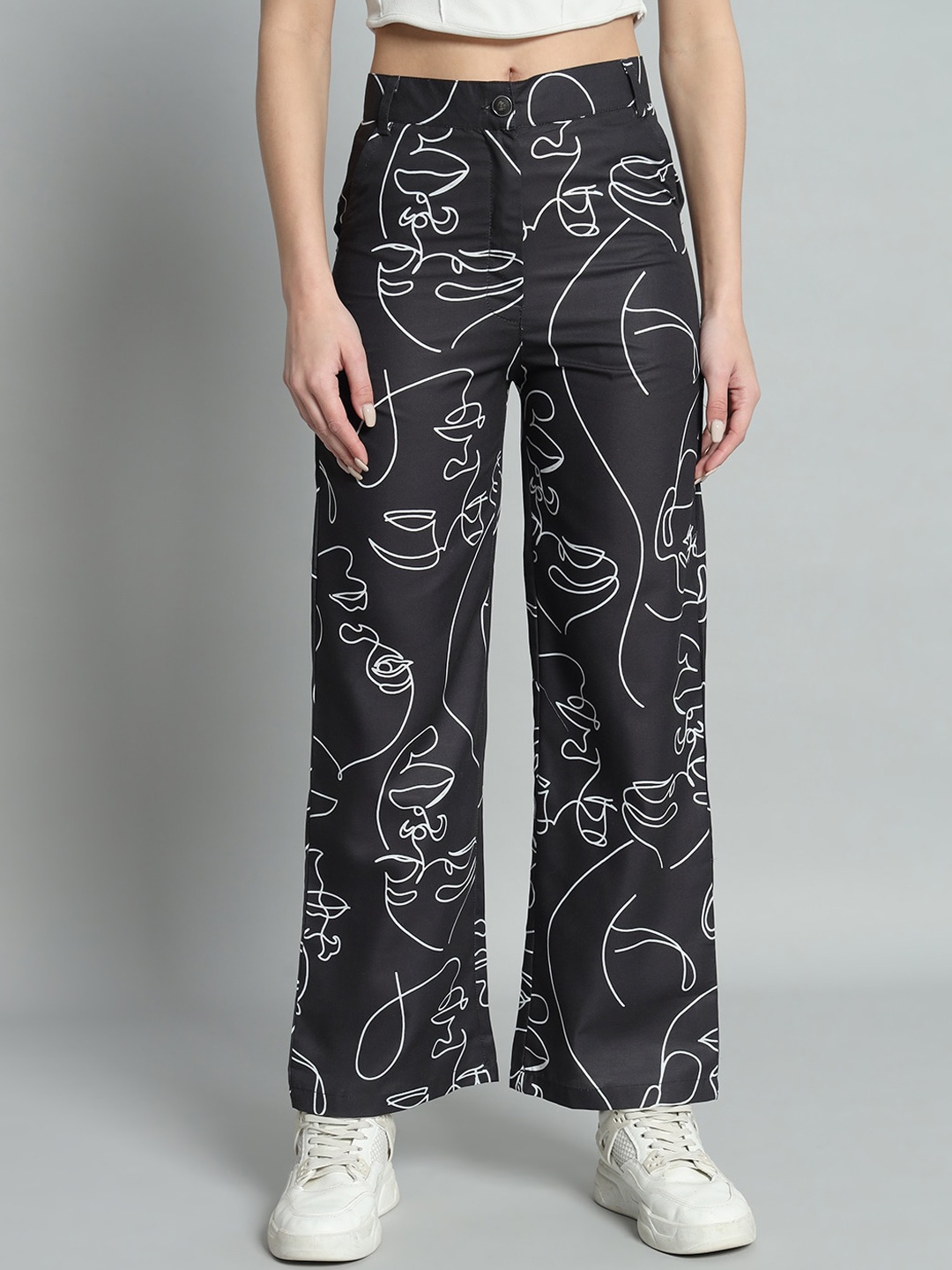 

BROOWL Women Ethnic Motifs Printed Relaxed Straight Fit High-Rise Trousers, Black
