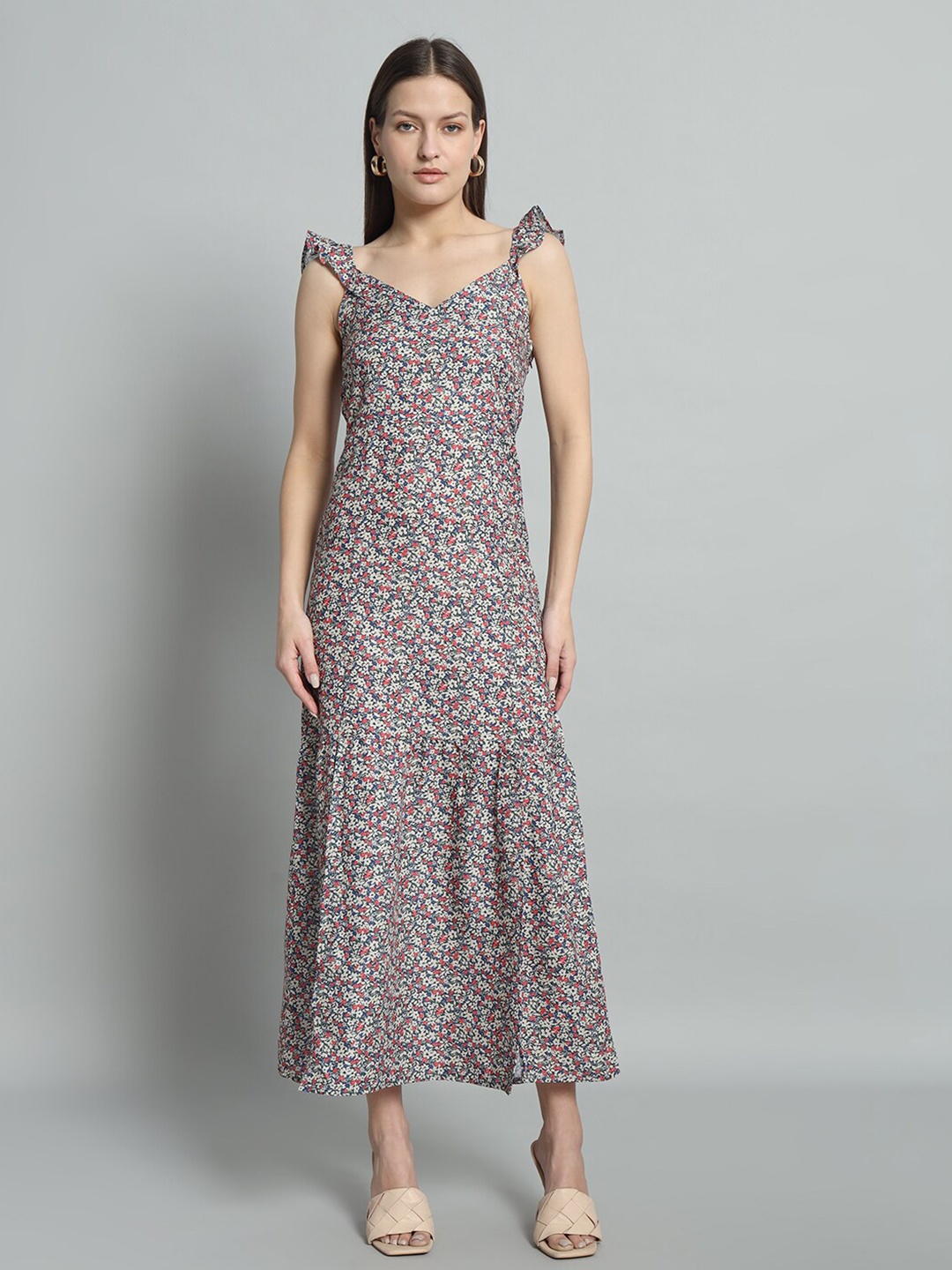 

BROOWL Floral Printed Sleeveless Linen Maxi A-Line Dress, Beige