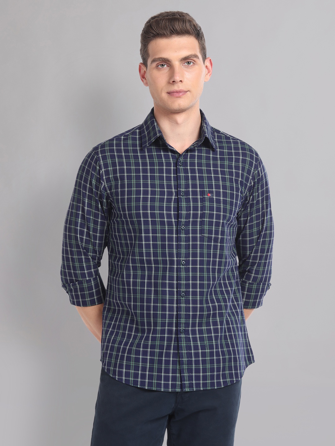 

AD By Arvind Slim Fit Tartan Checks Twill Spread Collar Long Sleeves Cotton Casual Shirt, Blue