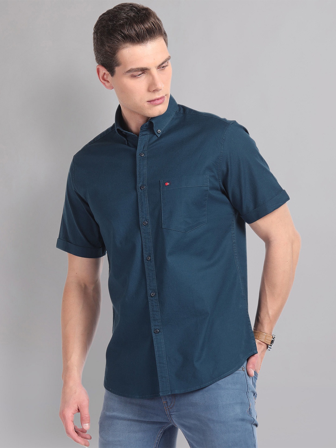 

AD By Arvind Slim Fit Button-Down Collar Short Sleeves Cotton Casual Shirt, Blue