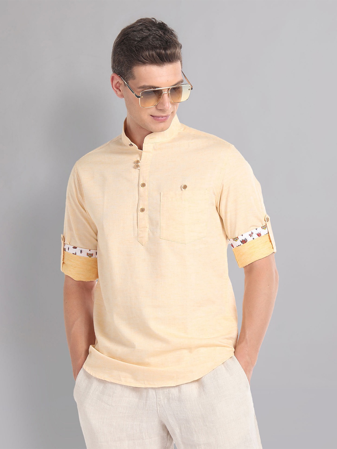 

AD By Arvind Slim Fit Mandarin Collar Roll-Up Sleeves Casual Shirt, Yellow