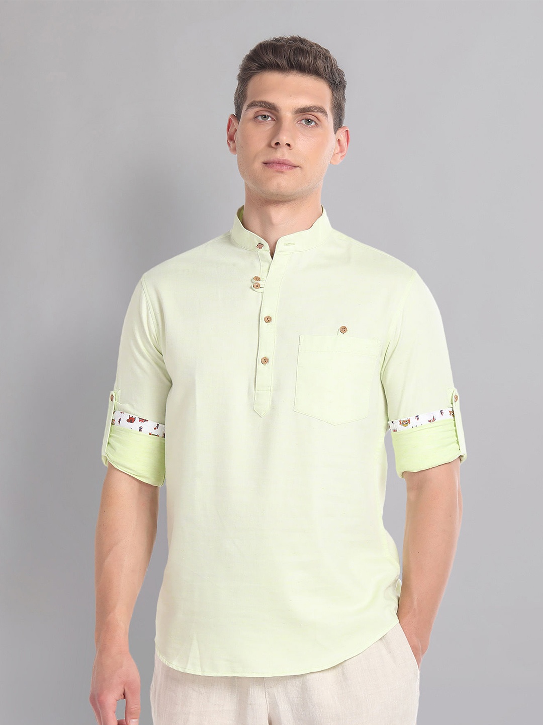 

AD By Arvind Slim Fit Heathered Band Collar Casual Shirt, Green