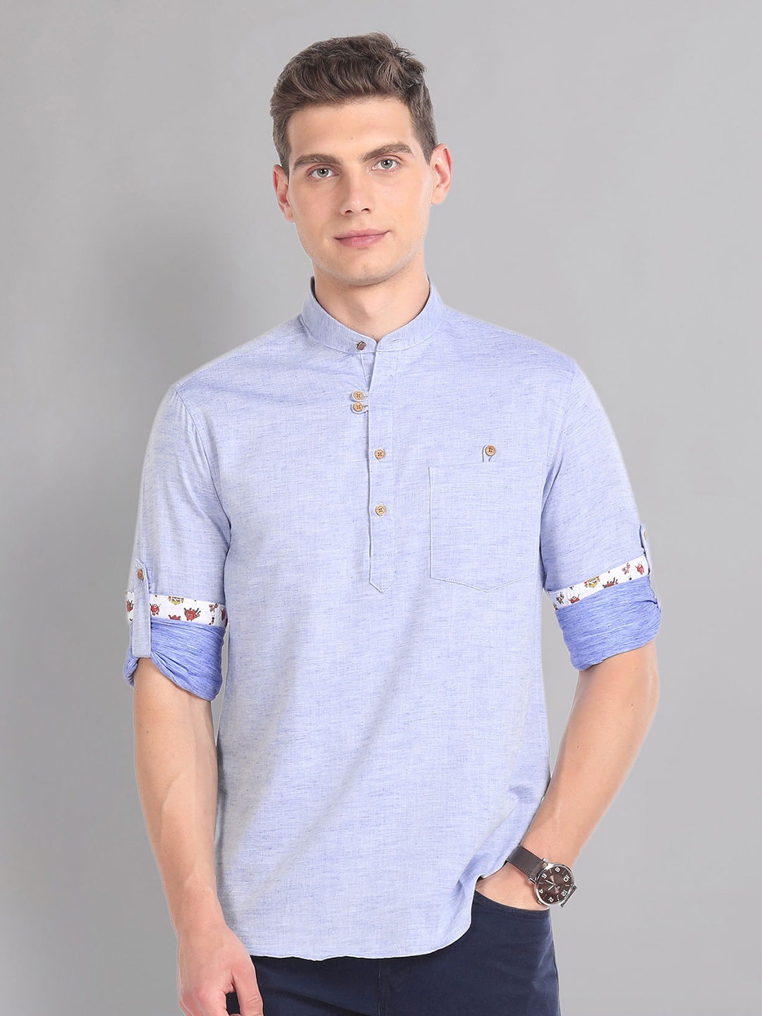 

AD By Arvind Slim Fit Mandarin Collar Roll-Up Sleeves Casual Shirt, Blue