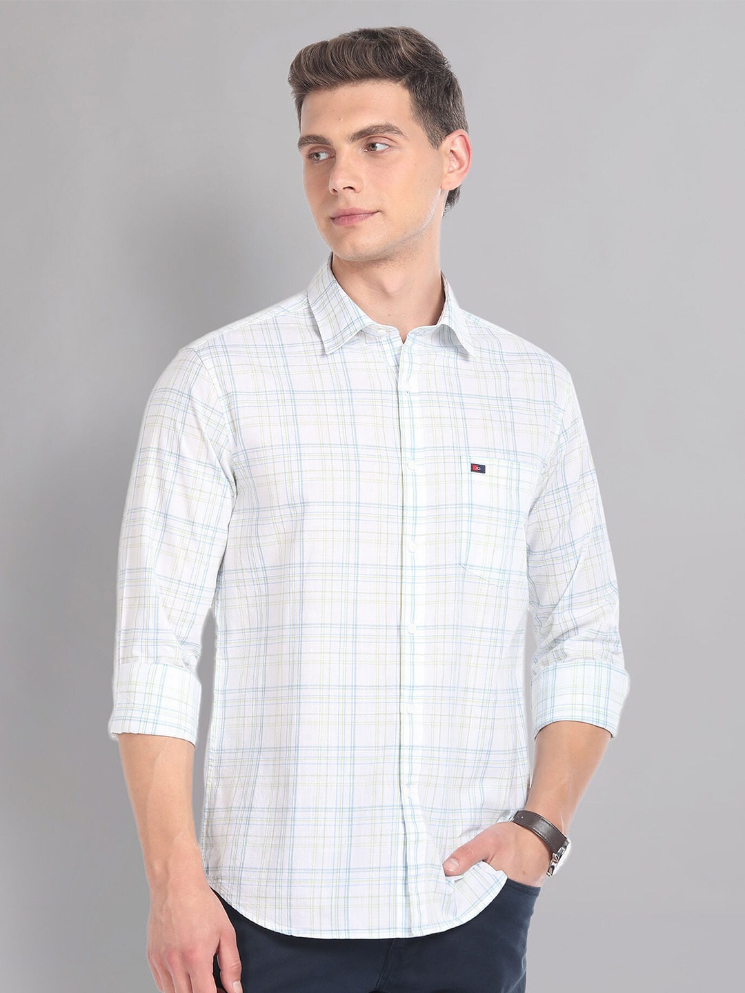 

AD By Arvind Slim Fit Tartan Checks Spread Collar Long Sleeves Cotton Casual Shirt, White
